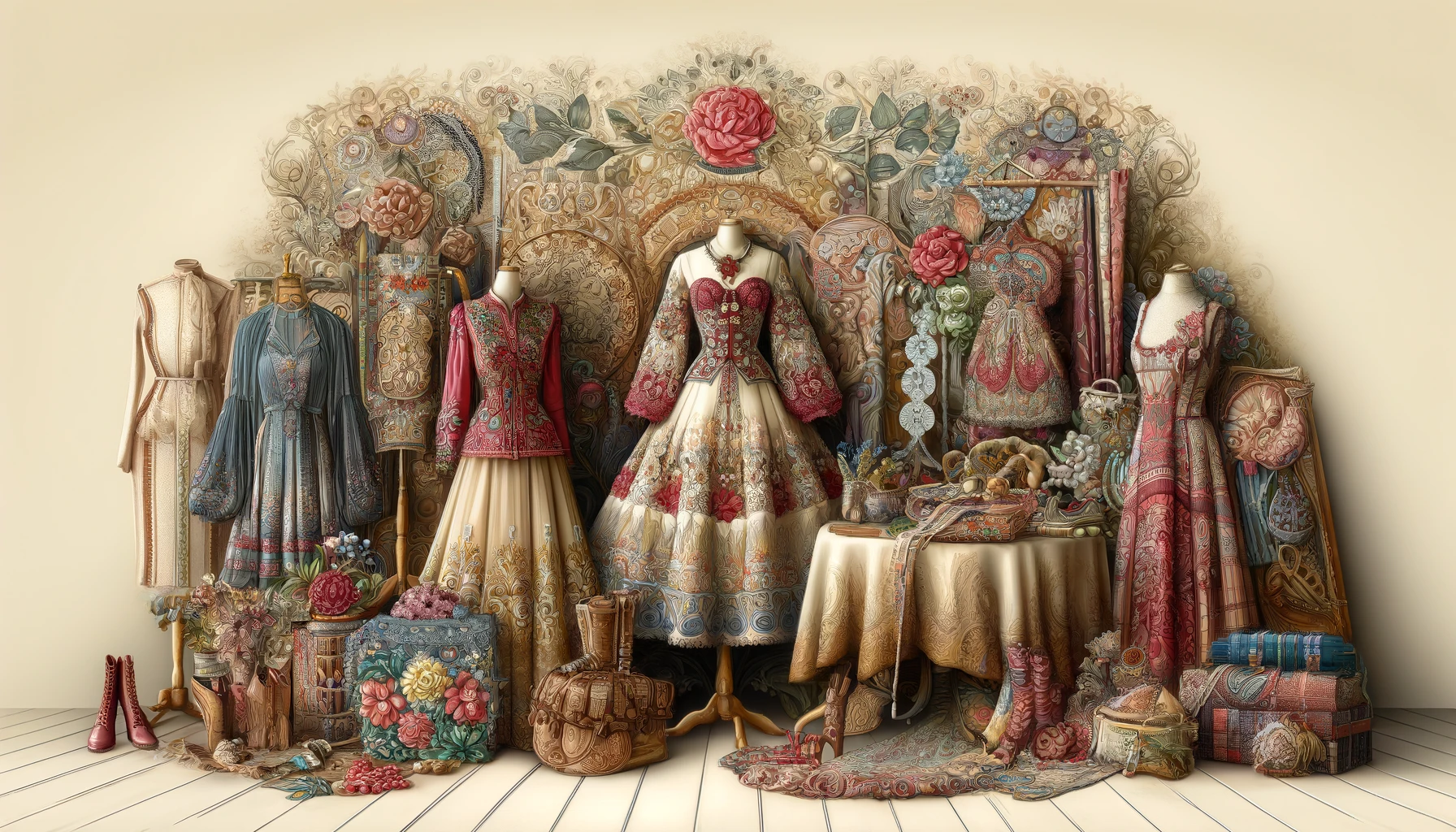 the design aesthetic of Ewa Minge, highlighting intricate embroidery, rich fabrics, and playful designs, merging traditional Polish motifs with contemporary elegance.